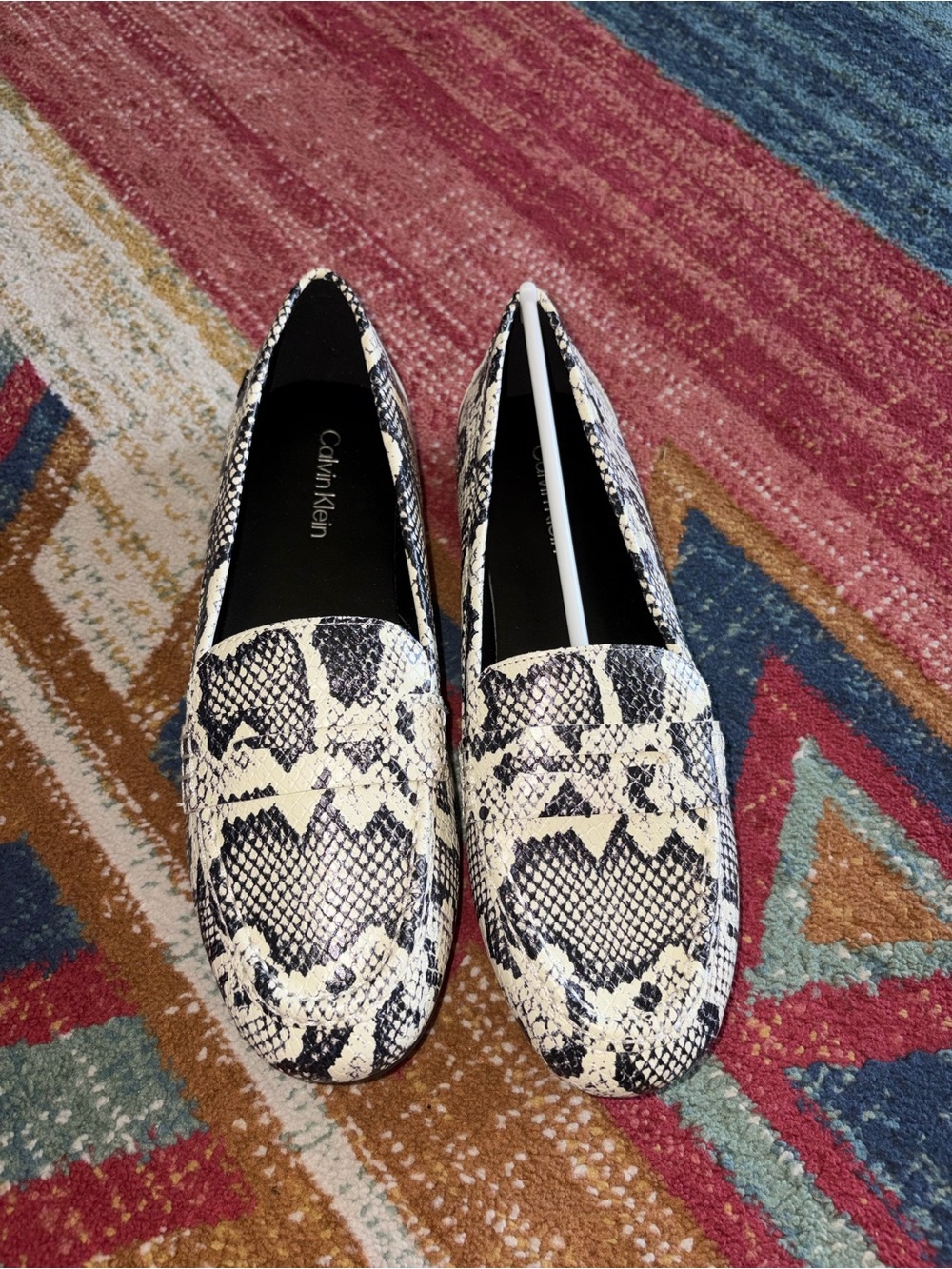 Calvin Klein White and Black Snake-Print Slip-On Loafers